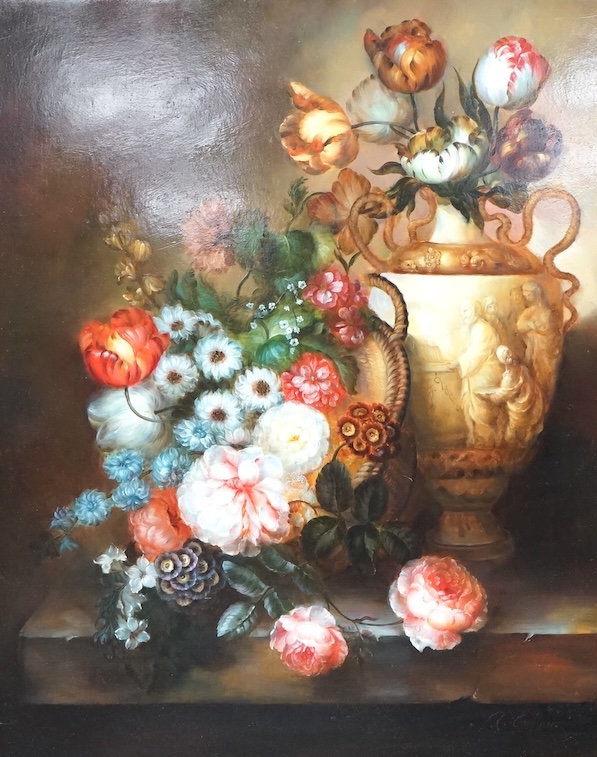 R. Gessner (Dutch, 20th. C), oil on panel, 'Still life with flowers in a vase on a ledge', signed, 50 x 40cm, ornate gilt frame.